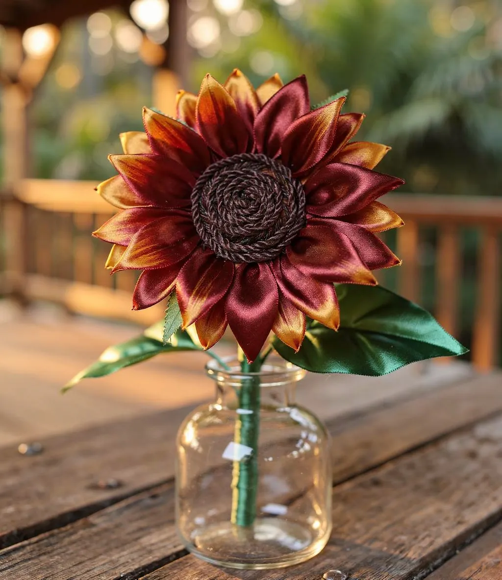 Handmade satin-ribbon burgundy and gold sunflower with green leaves in a small glass vase on a wooden table.