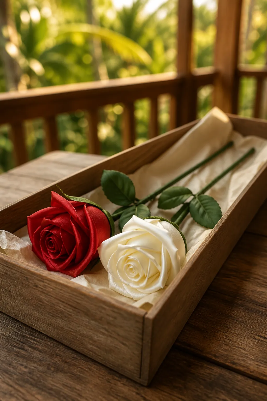 Two satin roses, one red and one white, neatly presented in a wooden gift box.