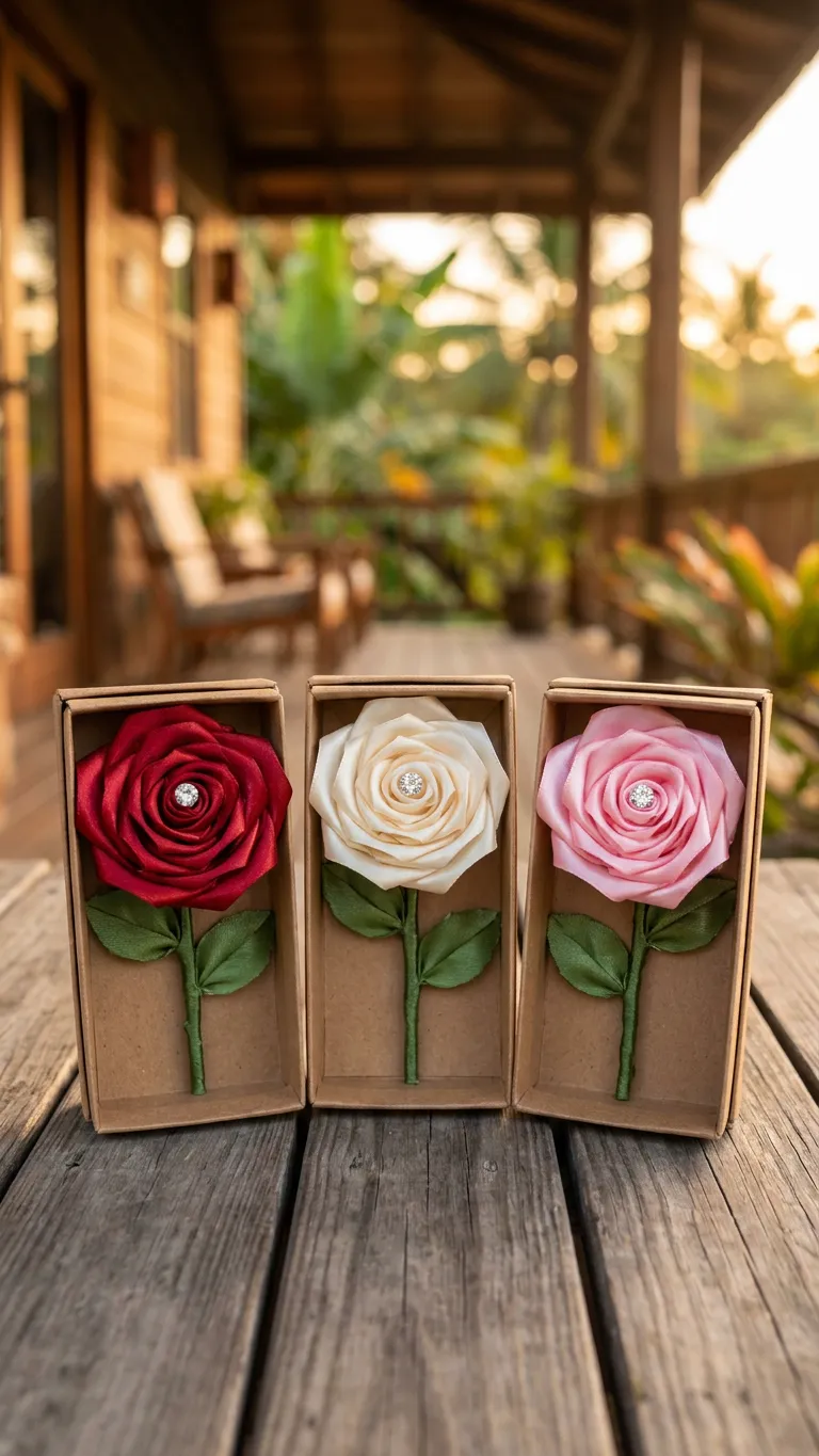 Three satin ribbon roses in red, cream, and pink each presented upright in individual gift boxes on a wooden table.