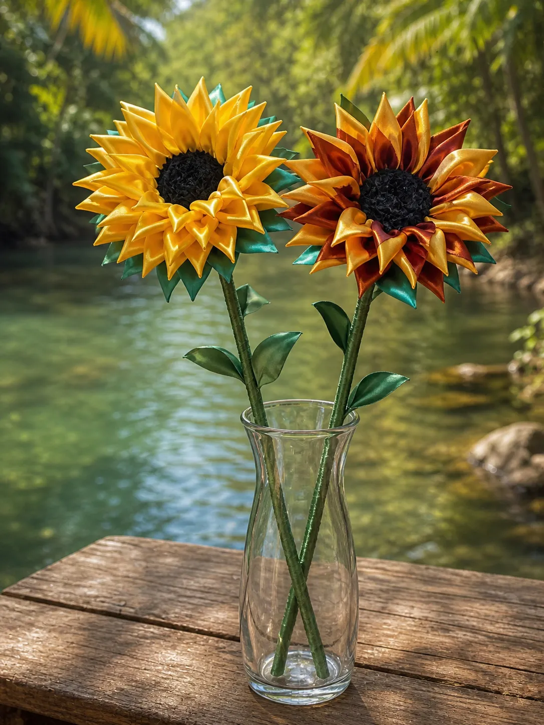 Two handmade satin-ribbon sunflowers in a clear glass vase set on a wooden table by a river.